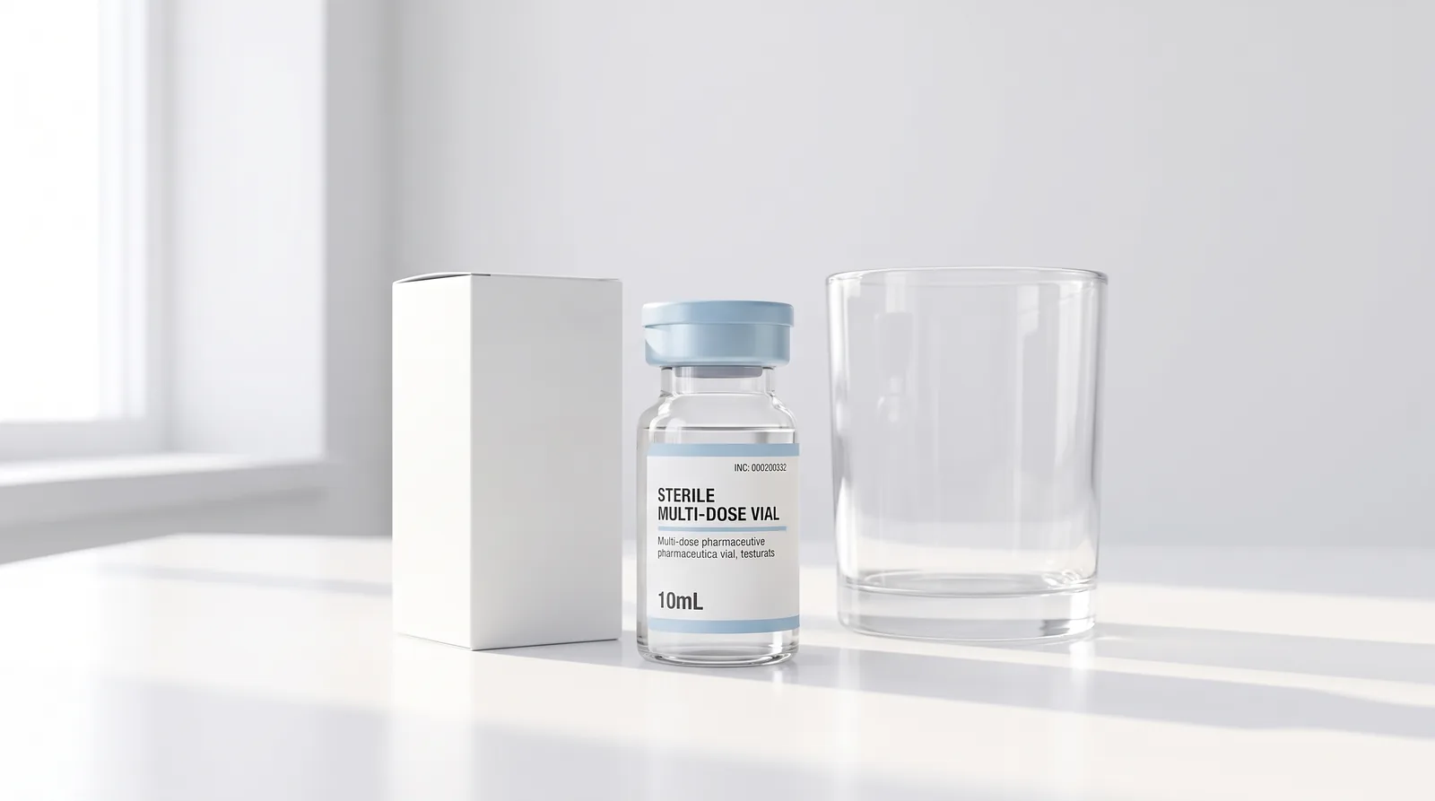 Bacteriostatic Water 10mL vial, packaging carton, and a clean glass arranged in soft daylight