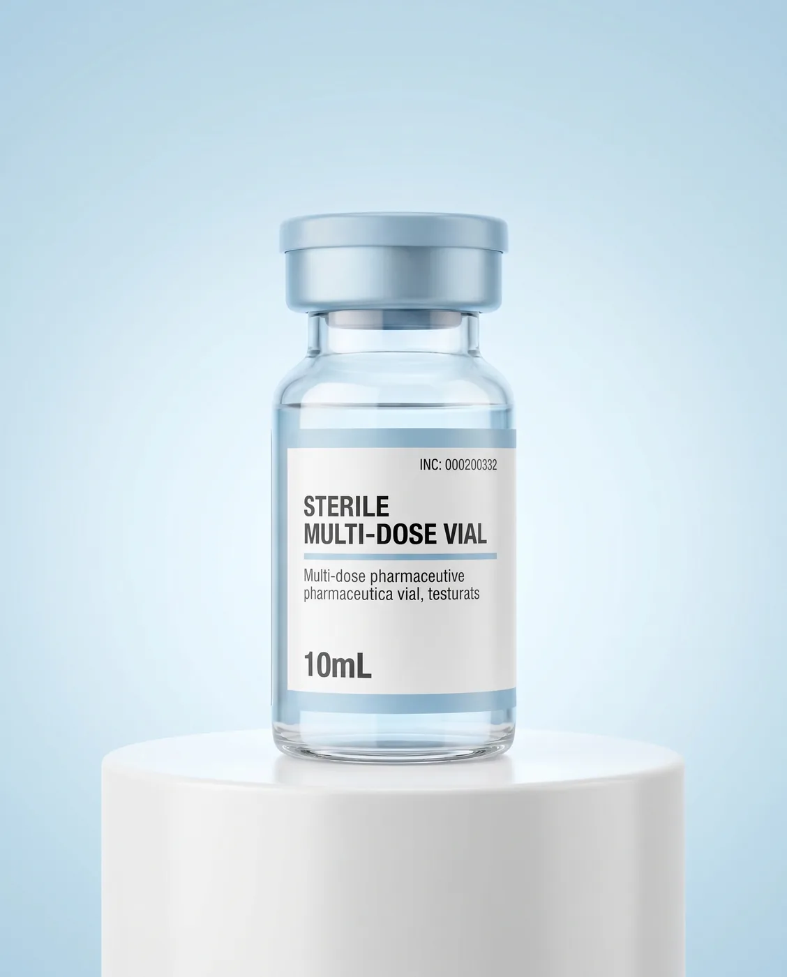 Bacteriostatic Water 10mL vial on a light-blue pedestal