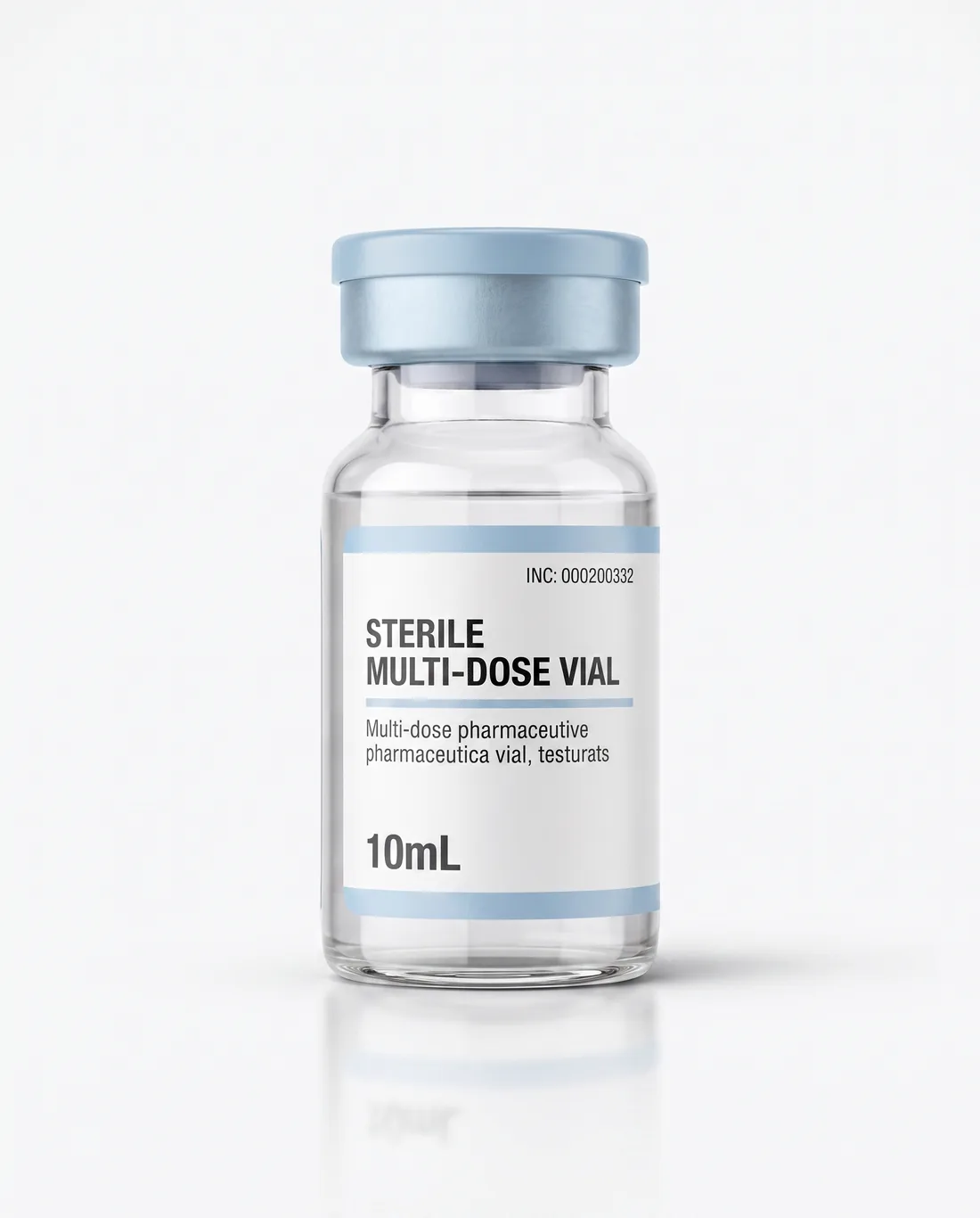 Close-up of the Bacteriostatic Water 10mL vial showing the glass, light-blue flip cap, and label