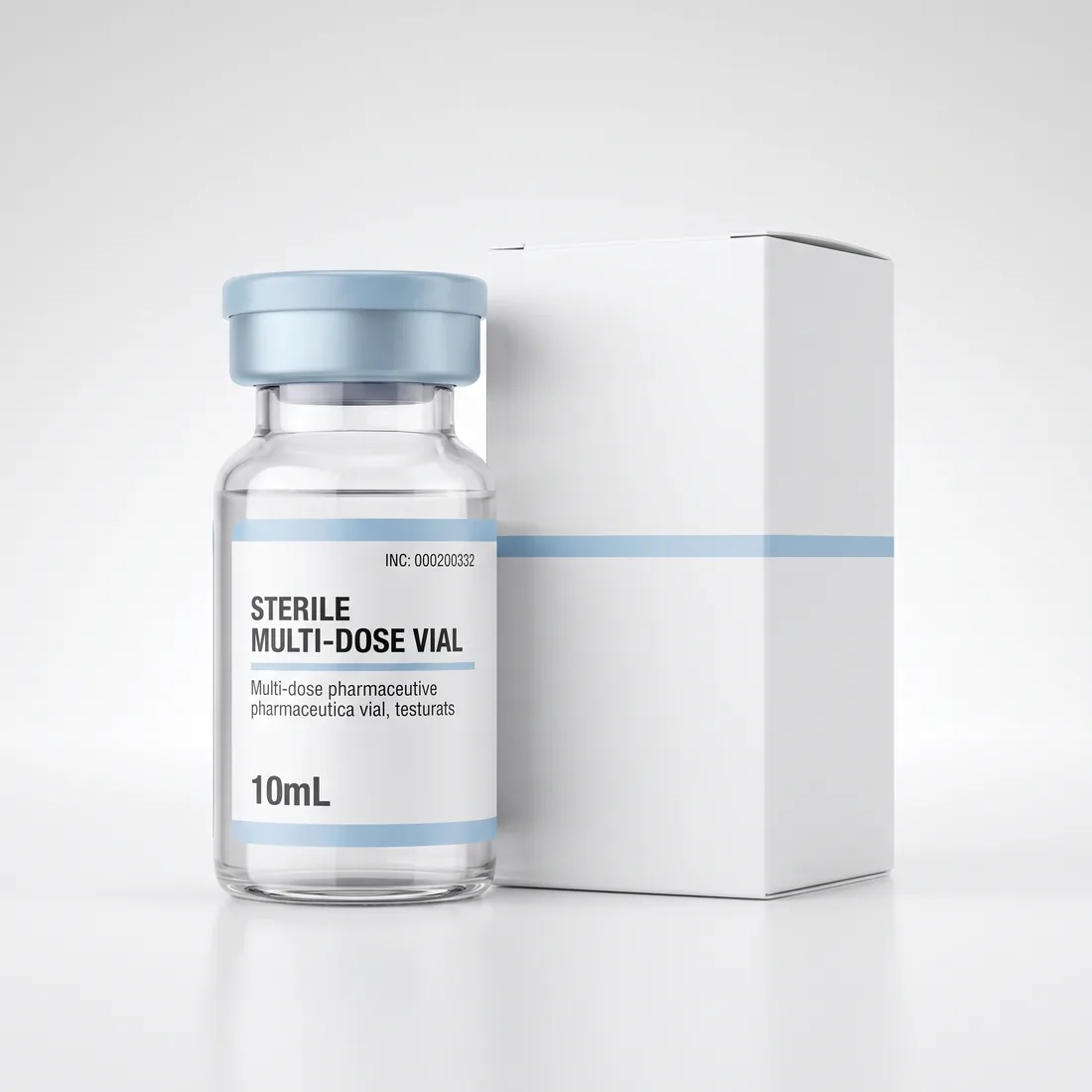 Unopened Bacteriostatic Water 10mL vial beside its packaging carton in a clean studio setting