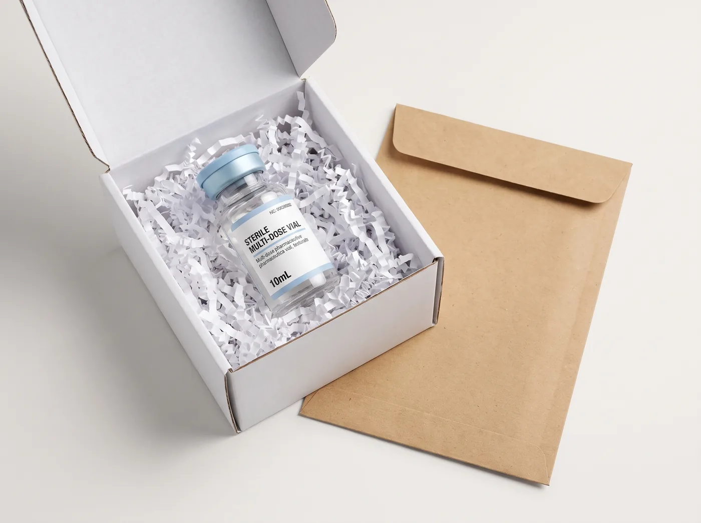 Bacteriostatic Water 10mL vial packed in a plain protective mailer, prepared for shipment
